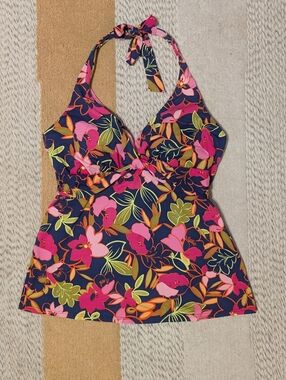 Lands End Navy Pink Tropical Floral Print Tankini Swimsuit Swim Tank 12